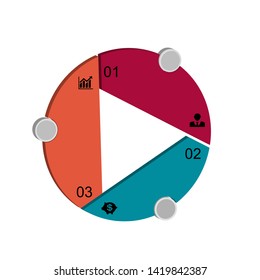 In the figure infographics a circle is cut by a triangle. Infographics consists of three parts of different colors with numbers, icons 3d. Infographics for business, project, presentation.
