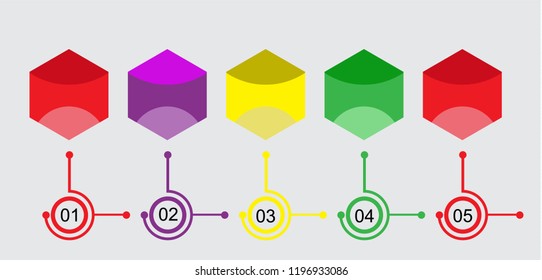 In the figure infographics of five positions are hexagons, in bright colors. Infographic with numbers. Infographics for text, for a site, for presentation.