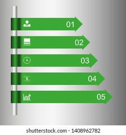 In the figure infographics in the form of arrows, infographics in five steps, with numbers and icons in white. Infographics for business, project, presentation.