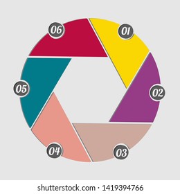 In the figure infographics in the form of a circle cut by a hexagon. Different parts of infographic in different colors, with numbers. Infographics for business, project, presentation.