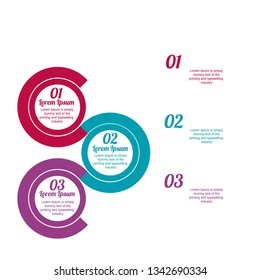 In the figure infographics in the form of circles, on the 3rd position, violet, turquoise, red colors with numbers, icons. Infographics for business, project, presentation