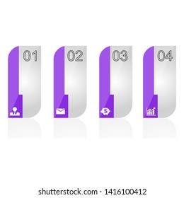 The figure is an infographics in the form of four violet rectangles with two rounded corners. Infographics with business icons and numbers. Infographics for presentation, project, business.