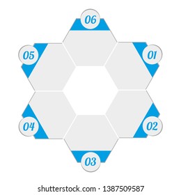 In the figure infographics in the form of a hexagon on six positions, blue color, with numbers. Infographics for business, project, presentation.