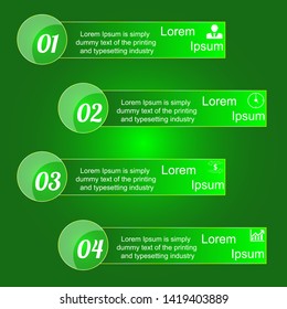 In the figure infographics in the form of rectangles and circles of transparent. Infographics for four green colored steps with icons, numbers and text. Infographics for business, project, presentatio