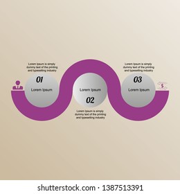 The figure is an infographics in the form of a snake in 3 positions, violet color, with numbers, icons and text. Infographics for business, project, presentation.