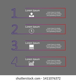 In the figure infographics in the form of squares, contours, infographics in 4 steps. Infographics with numbers, icons and an example of text typing. Infographics for a site, a project, a presentation