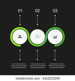 In the figure infographics in the form of a wave of gradient of green color, infographics on three positions, with numbers, icons, and an example of the design of the text. Infographics for a site
