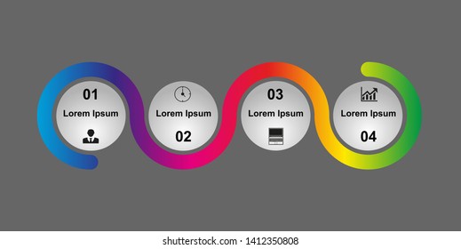 In the figure infographics in the form of a wave gradient of different colors, infographic on four positions, with numbers, icons, and an example of the design of the text. Infographics for a site