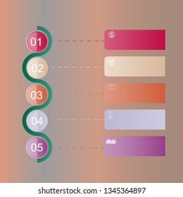 The figure is infographics multicolored, with numbers of white color, icons, at 5 positions, in the form of circles and rectangles. Infographics for business, project, presentation.