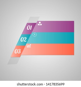 The figure is an infographics on three steps in the form of rectangles with colorless icons without text with white icons. Infographics for business, project, presentation.