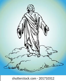 Figure Jesus Christ stands in clouds vector