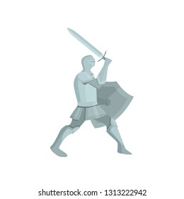 Figure of a knight in gray armor with shield and sword going to the attack