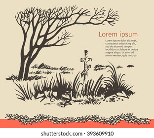 Figure lonely willow with grave cross underneath. Eps-8 sketched art.