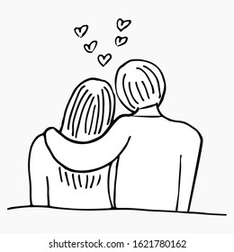 Figure of Lovers Sitting Next to Each Other Head to Head. Vector Line Art Illustration .