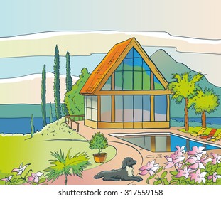 Figure luxurious place with a house, a plot with flowers, swimming pool and beautiful landscape in the background.