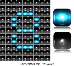 Figure made of flash lights; vector illustration; eps10; 4 named layers, easy editable! BONUS!!! Seamless background (black buttons) and two buttons-spotlights with reflection!!!