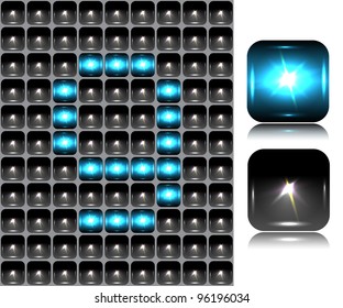 Figure made of flash lights; vector illustration; eps10; 4 named layers, easy editable! BONUS!!! Seamless background (black buttons) and two buttons-spotlights with reflection!!!