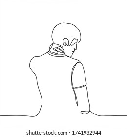 figure of a man from the back, his left hand on the back of the head, and the expression on his face - bewilderment, doubt, confusion. One continuous line drawing guy scratches his nape