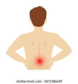 La figura de un hombre con dolor de espalda. Ilustración plana vectorial sobre fondo blanco.