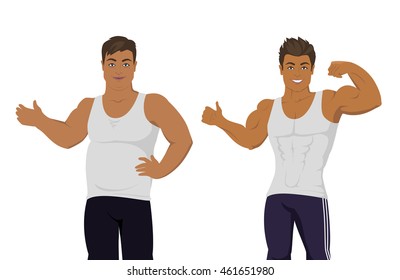 Figure of the man before and after diet. Banner of a person before and after weight loss. Sportive and fat boy isolated. Part of series of promotion healthy diet and good fit. Vector illustration