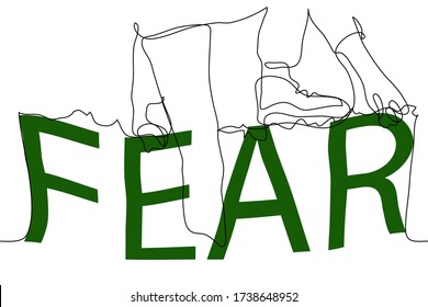 The figure of a man climbing over a fence from the word “FEAR”. The concept of overcoming fear, become bold, do not be afraid, a way out of a panic attack. One continuous line drawing overcoming fear