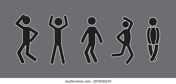  A figure of a man in different poses, a pictogram, a stick of a man isolated on an ashen background.