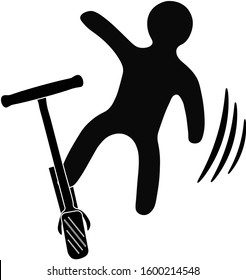 figure of a man in helmet falling from kick scooter.  simple Black and white Vector e-scooter illustration. logo of accident involving Ecologic urban transport