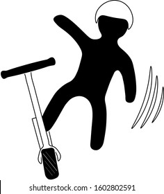 figure of a man in helmet falling from kick scooter.  simple Black and white Vector e-scooter illustration. logo of accident involving Ecologic urban transport