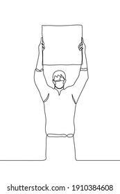 figure of a man holding a poster above his head without an inscription. one line drawing of protester with poster