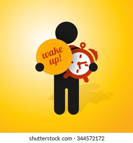figure man holds alarm clock and sign wake up