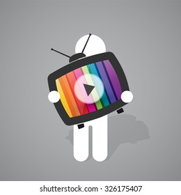 figure man holds old tv