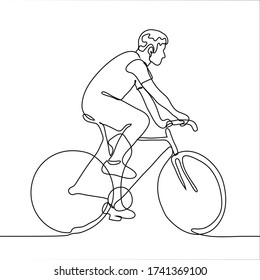 Figure of a man in profile riding a two-wheeled bicycle. One continuous line drawing of an amateur cyclist riding a bicycle. Can be used for animation.