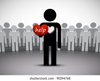 Figure of a man with a red heart in his hand on background the crowd Vector illustration