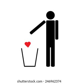 The figure of a man throws a red heart in the trash love is unrequited