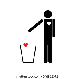 The figure of a man throws a red heart in the trash love is unrequited