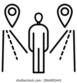 La figura de un hombre, dos caminos, marcas en el camino. Una persona elige una opción para un viaje. Icono del vector, contorno, aislado. Trazo editable.