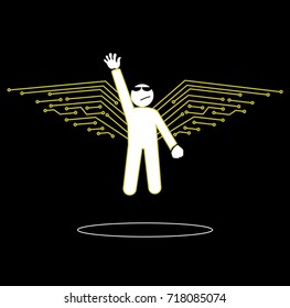 A figure of a man with wings made of microcircuits. Vector illustration.