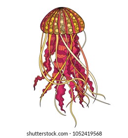 the figure of Medusa in the style of doodle  black outlines with small patterns on a white background painted in yellow and pink colors