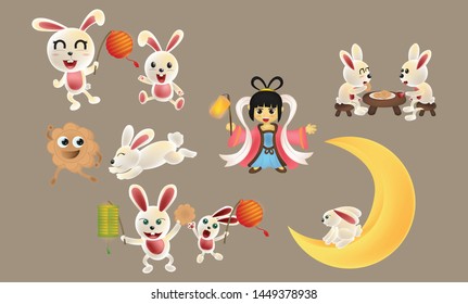 the figure is the mid autumn festival collection. cute rabbits, moon princesses, mooncake, chinese lanterns isolated with white background. landing page, template, ui, web, mobile app, poster, banner,