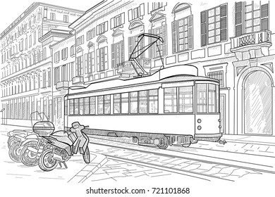 Figure Milan street with tram and motorcycles