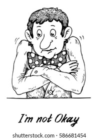 Figure mirthless man. I'm okay! Vector illustration isolated on white, stylized engraving