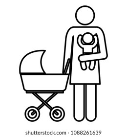 figure mother with cart and baby silhouette avatars