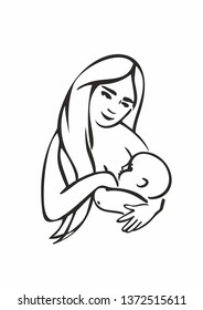 the figure of a mother woman with long hair feeds and holds a sleeping baby in her arms drawn by hand in black line for mom and baby illustration on white background