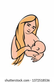 the figure of a mother woman with long yellow hair feeds and holds a sleeping baby in her arms drawn by hand in black line for mom and baby illustration on white background