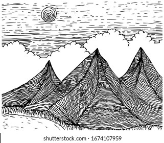Figure mountains with clouds. Sketch of a mountain landscape, pen drawing.