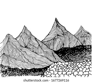 Figure mountains with clouds. Sketch of a mountain landscape, pen drawing.