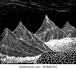 Figure mountains with clouds. Sketch of a mountain landscape, pen drawing.