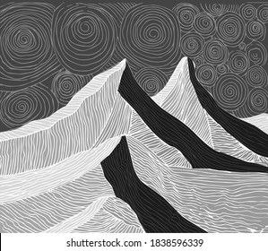 Figure mountains with clouds. Sketch of a mountain landscape, pen drawing.