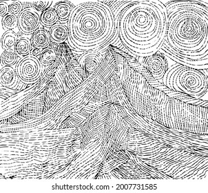 Figure mountains with clouds. Sketch of a mountain landscape, pen drawing.
