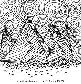 Figure mountains with clouds. Sketch of a mountain landscape, pen drawing.